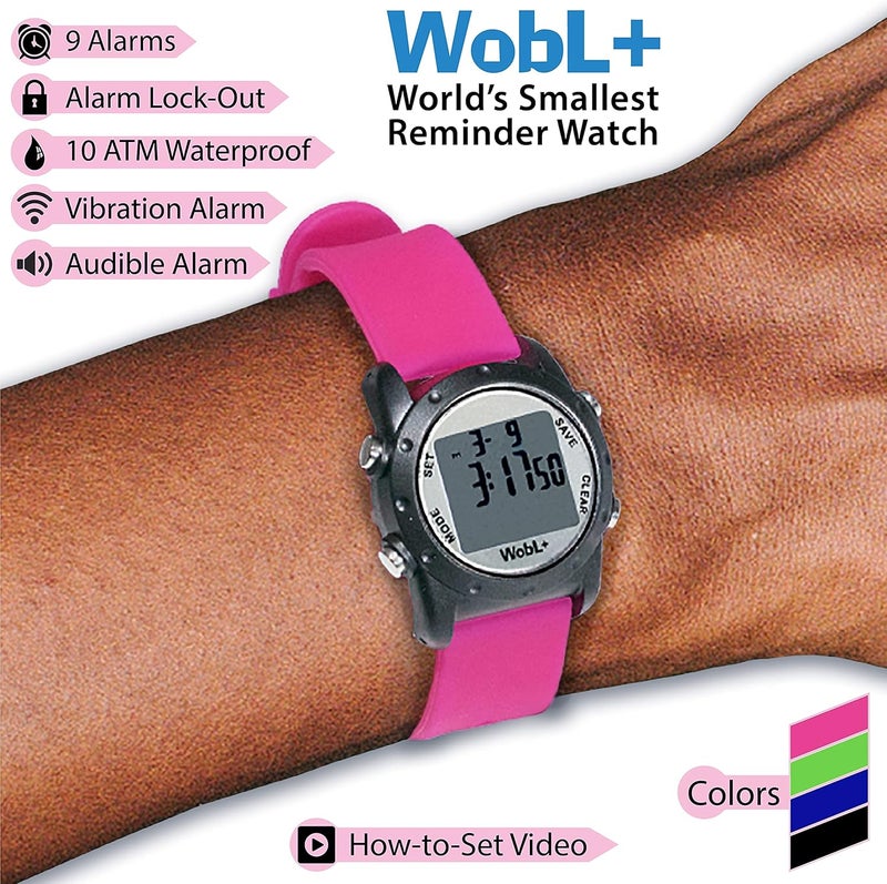 WobL + World's Smallest & Best Waterproof Vibrating 9 Alarms + Countdown Timer Wristwatch (Pink) Sports/Medicine/Meeting/Potty Reminders - Image 3